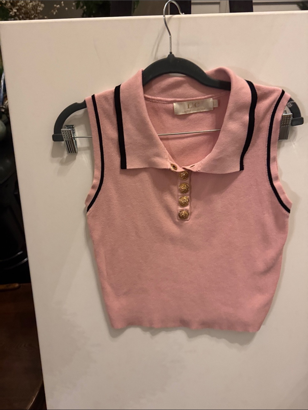 Lizette Collection Sleeveless Pink Polo Knit Top with Gold Buttons